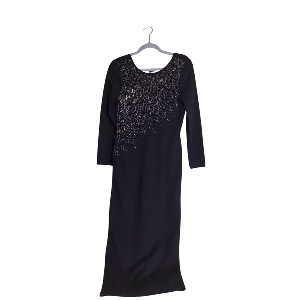 Kasper ASL x Nina Charles Knit long/SL Maxi Dress Sz. Sm Black Bejeweled Bodice